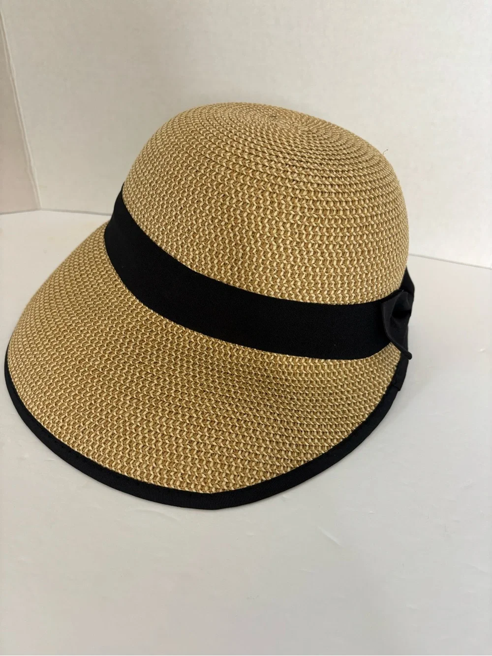 Magid Tan Straw Cloche Hat with Black Band